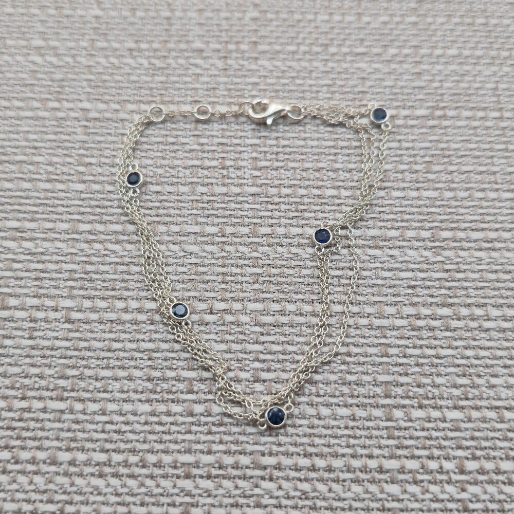 8 Inch Sterling Silver Blue Topaz Gems Layered Chain Bracelet A5695